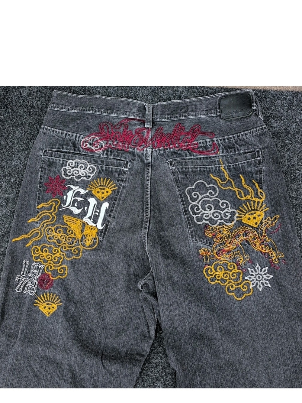 Ecko Unlimited Jeans Mens 38x32 Gray Baggy Embroidered Dragon Skater Street Y2K